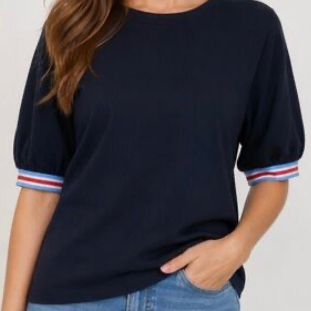 Zara Collection Black Jersey Shirt Size S Short Sleeves Red White Blue Elastic
